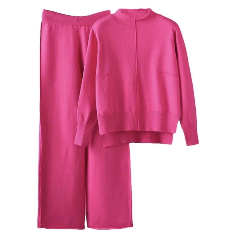 Womens 2pc Lounge Wear Set Size SM Hot Pink Mock Neck Top Flare Pull On Pants